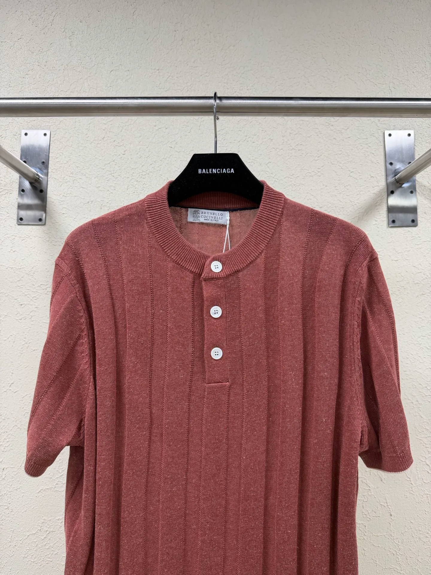 Branello Cuainelli Cotton Linen Blend Ribbed Pit Knit Button Henley Collar Short Sleeve Size: S M L XL
